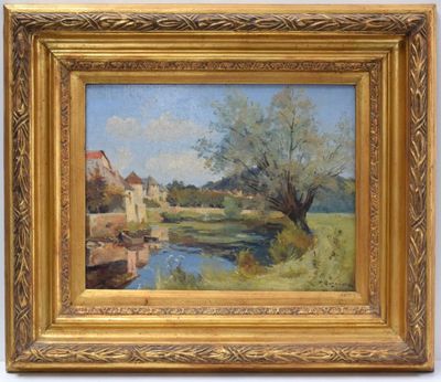 a painting of a river with a house in the background