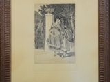an old picture of a woman in a dress is hanging on a wall