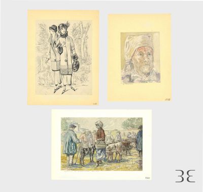 trois dessins représentant un homme et une femme accompagnés d'un chien, ainsi qu'un homme avec un cheval