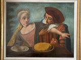 tableau représentant une femme et un homme assis à une table, avec une assiette de nourriture devant eux