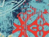 a close up of a painting of flowers and leaves on a blue background