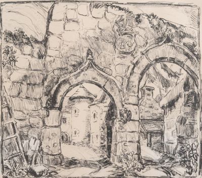 dessin représentant une porte dans un bâtiment en pierre