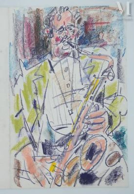 dessin représentant un homme jouant du saxophone dans une pièce