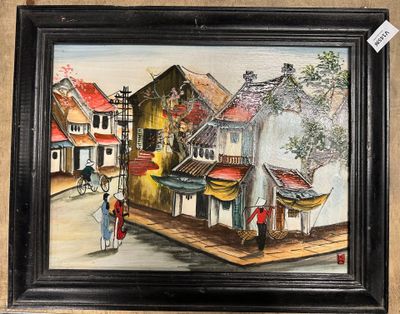 un tableau représentant une scène de rue, dans un cadre noir