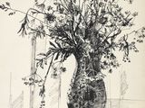 a drawing of a vase filled with flowers on a table