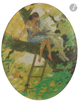 un tableau représentant une femme assise sur une branche d'arbre en train de lire un livre