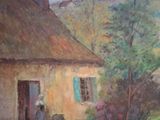 a painting of a building with a tree on the side of it