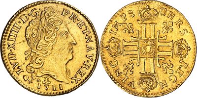 Pièce souveraine en or avec une croix au recto et une couronne au verso.
