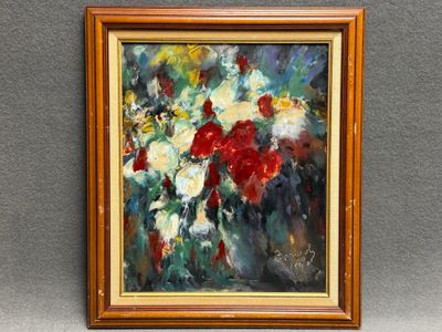 Bouquet de fleurs abstrait. huile sur carton, signée et daté…