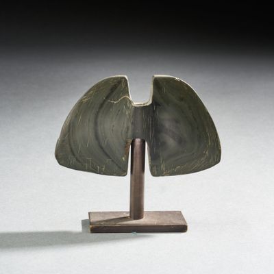 un gros plan sur une sculpture représentant les ailes d'un oiseau, posée sur un socle en bois