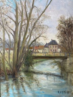 an image of a painting of a river with trees and buildings in the background