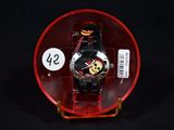mickey mouse watch in a red case with a price tag on it