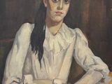 tableau représentant une femme en robe blanche tenant un bol de nourriture