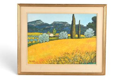 un tableau représentant un champ avec des arbres et des collines en arrière-plan