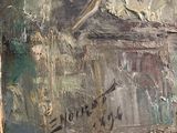 an oil painting of a bird sitting on top of a wooden board