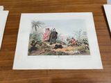 two prints of a man riding a horse next to a woman on a horse