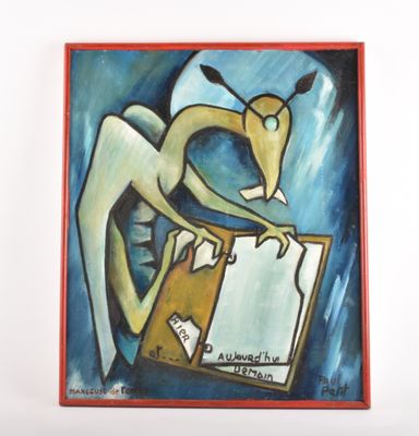 un tableau représentant un chien assis sur une boîte