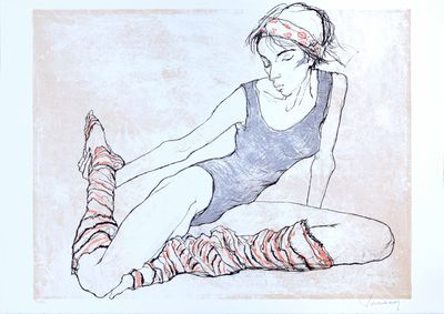dessin représentant une femme assise par terre, les jambes croisées