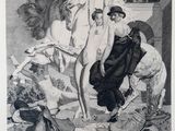 a black and white drawing of a woman on a horse