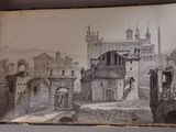 an old book with a drawing of a castle in the background