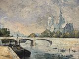 une peinture d'un bateau sur l'eau près d'un pont