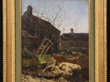 une peinture à l'huile représentant une scène de campagne avec une vache et une maison en arrière-plan