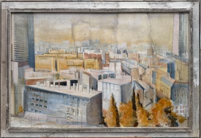 tableau représentant une vue de ville avec des bâtiments et des arbres au premier plan