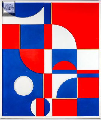 une image représentant un tableau aux couleurs rouge, blanc et bleu, orné de cercles