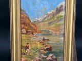 une peinture à l'huile représentant un paysage de montagne avec du bétail au bord d'une rivière