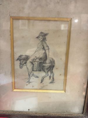 dessin encadré représentant un homme à cheval, coiffé d'un chapeau