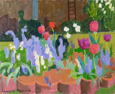 a painting of flowers in pots in a garden