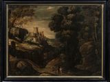 une peinture à l'huile d'un paysage avec un château au loin