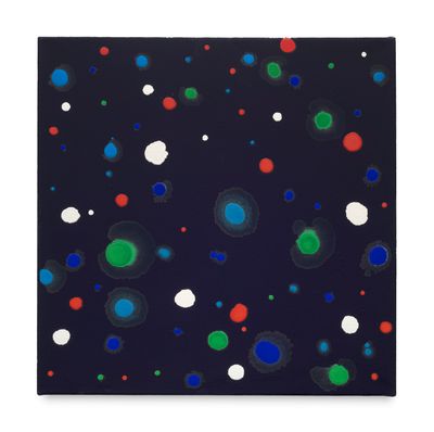 an abstract painting of circles and dots on a black background