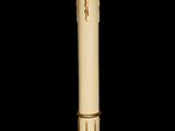 a white and gold candle with a cross on top of it