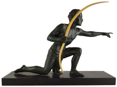bronze statue of a man with a bow and arrow on a black base
