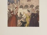 an illustration of a group of people standing in front of a castle