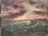 une peinture représentant un bateau au milieu d'un plan d'eau