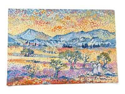 l'image d'un tableau représentant un paysage avec des montagnes en arrière-plan