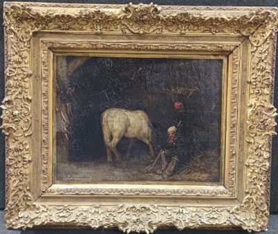 painting of a white cow in a barn with a man and a child