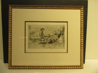 tableau représentant un homme et une femme dans un bateau sur un lac