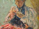 une peinture à l'huile représentant une femme en robe rose tenant une poupée