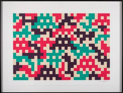 a framed picture of a colorful pattern of squares and rectangles