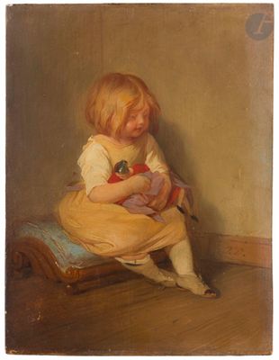 tableau représentant une petite fille assise sur une chaise, tenant un ours en peluche