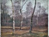 painting of a painting of trees in a forest with a sky background