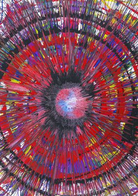 peinture abstraite représentant un objet circulaire rouge et noir, avec un centre rouge