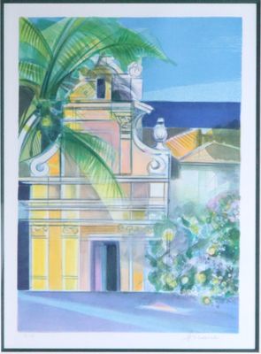 painting of a building with a palm tree in front of it