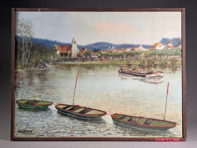 a picture of a painting of boats on the water
