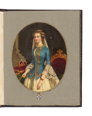 portrait of a woman in a blue dress with a tiable and a tiable