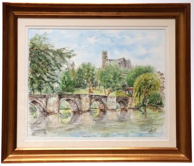 framed watercolor painting of a bridge over a river with a castle in the background