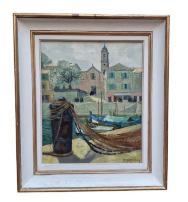 an oil painting of a boat tied to a dock with a building in the background